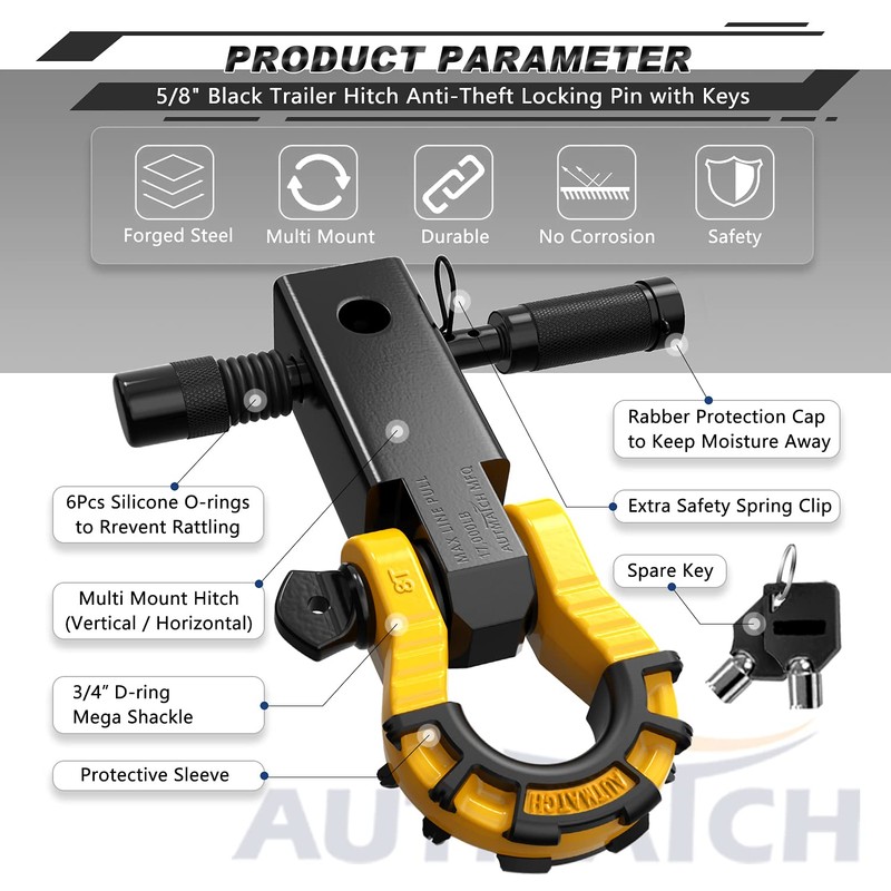 AUTMATCH Shackle Hitch Receiver 2" with 3/4" Mega D Ring