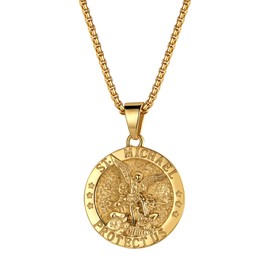 Flong Saint Michael Pendant Necklace: Catholic Archangel Medal Necklace Religious Amulets Jewelry Gifts for Men Women With Card Gold