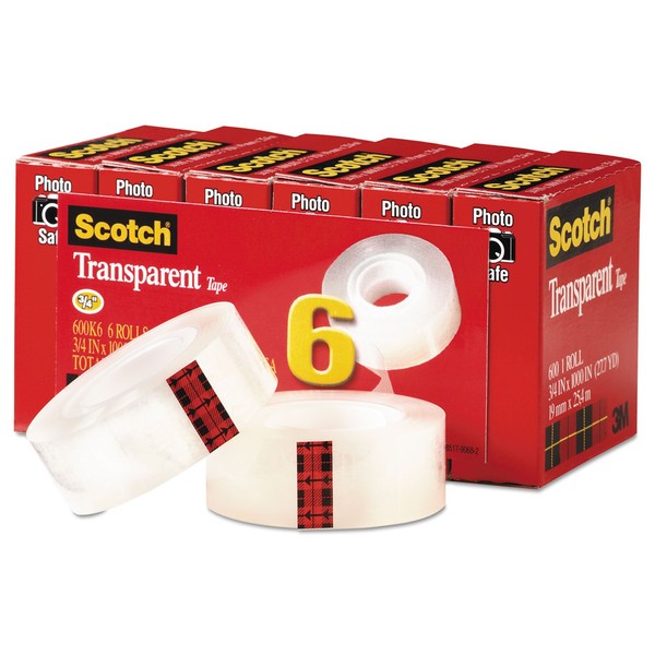 Scotch Transparent Tape, 3/4 in x 1000 in, 6 Boxes/Pack (600)