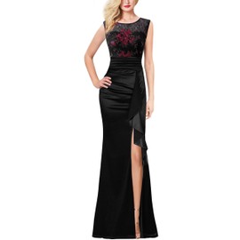 VFSHOW Womens Black Red Floral Embroidery Lace Ruched Ruffle High Slit Formal Evening Gown Prom Wedding Party Maxi Long Dress 8297 BLK 3XL