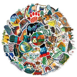50Pcs Waterproof Camping Stickers Pack, Unique Outdoor Adventure Themed Decals for Water Bottles, Laptops, Cars, RVs, Camping Gear, Gifts for Campers, Hikers, Nature Lovers (Outdoor)