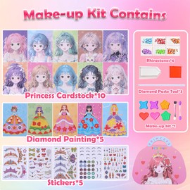 Wenrou Make-up Game on Paper, Sticker Book Craft Set, DIY Princess Creative Set, Colouring Book with Diamond Painting, for Girls from 4-10 Years, Birthday Parties, Gifts, Makeup Games