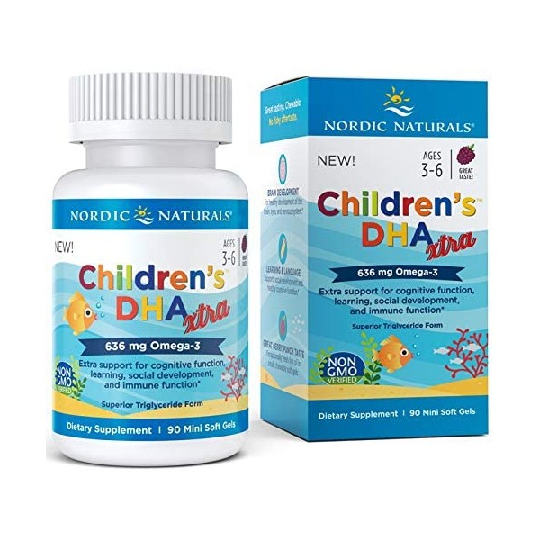 Nordic Naturals Children’s DHA Xtra, Berry Punch - 90 Mini Chewable Soft Gels - 636 mg Total Omega-3s with EPA & DHA - Cognitive & Immune Function, Learning, Social Development - Non-GMO - 30 Servings