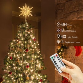 Christmas Star Tree Topper, USB Powered Remote Controlled 11 Inch Multilayer Hexagonal Tree Toppers Christmas Decor with 8 Light Modes for Home Holiday Xmas, Timer Function, Champagne Gold