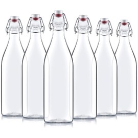 Bormioli Rocco Giara Swing Top Bottles 33 ¾ Ounce/1 Liter (6 Pack) ROUND Clear Glass Grolsch Flip Top Bottle With Stopper