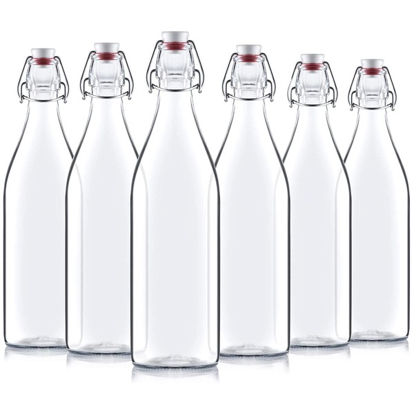 Bormioli Rocco Giara Swing Top Bottles 33 ¾ Ounce/1 Liter (6 Pack) ROUND Clear Glass Grolsch Flip Top Bottle With Stopper