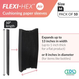 IDL Packaging 10" Flexi-Hex™ Honeycomb Packing Paper Sleeves, M, Black, Pack of 10 - Adaptable to Any Shape Cushioning Packaging with Modern Design - Flexible & Reusable Wrap Bags for Moving