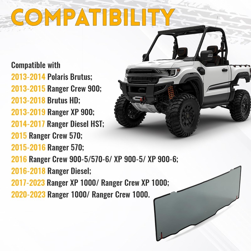 KUAFU Rear Windshield Window Compatible With 2013-2023 Polaris Ranger XP