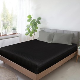 MOONLIGHT20015 Fitted Sheet Single 40cm Soft Brushed Microfiber with Satin Stripes Fade Resistant Easy Care Breathable Bed Sheets (Black, Single)