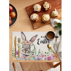 Grey Rabbit Bunny Happy Easter Placemats Set of 4, 13x19 Inch Colorful Easter Eggs Pink Flower Heat Insulation Washable Place Mats, Eucalyptus Leaf Vintage Non-Slip Table Mats for Dining Party Kitchen