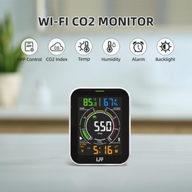 LFF CO2 Detector, 4-in-1 Wi-Fi Air Quality Monitor Gas Detector, Carbon Dioxide Detector, CO2 Monitor with Alarm, Temp, Humi and Time, Indoor Air Quality Monitor for Home, Kitchen, Room, Car