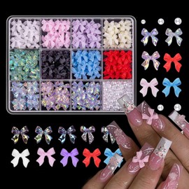 3D Bow Nail Charms and Flatback Pearls Set – 11 Colors Bow Stuff, Aurora Cute 3D Jewels Junk Case Charms & Assorted Shapes for DIY Nail Art Decoration (B)