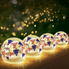 Rossesay 4 Pcs 3.9 inch Independence Day Balls Memorial Crackle Glass Night Light Waterproof Battery Operated Glass Globe Ball Lamp for July 4th Table Decor Birthday Gift Decorative (Flag)
