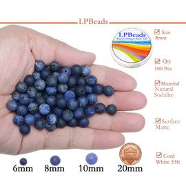 8mm Natural Matte Blue Sodalite Round Gemstone Frosted 100Pcs Loose Beads for Jewelry Making Bracelet with Stretch Beading Cord LPBeads