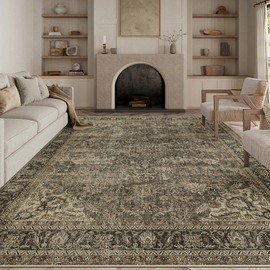 WondRg 8x10 Washable Brown Vintage Area Rug for Living Room Bedroom Large Traditional Low Pile Soft Carpet Non-Slip Thin Retro Distressed Accent Throw Rug for Dining Room Office Kitchen Indoor