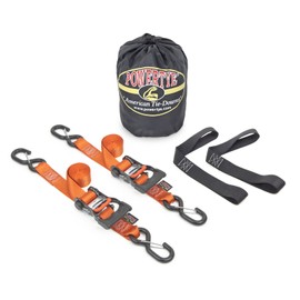 PowerTye 1.5in x 6ft Ergonomic Ratchet Tie-Down Kit w/Latching Hooks, Soft-Tyes, and Storage Bag - Made in USA - 1,000 lb. WLL / 3,000 lb. Breaking Strength - Orange (Kit)