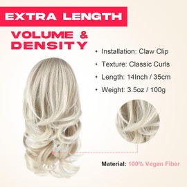 NTYNTY Ponytail Extension, 14" Claw Clip in Ponytail Hair Extensions Natural Soft Synthetic Layered Wavy Pony Tail Hair Pieces for Women - Ash Brown with White Ends