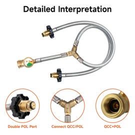 Roastove Stainless Braided Y Splitter, Universal Two Way POL&QCC Y Splitter Hose with Gauge to Connects 5-100lbs Propane Tank for Grill, Heater, Fire Pit, Fireplaces