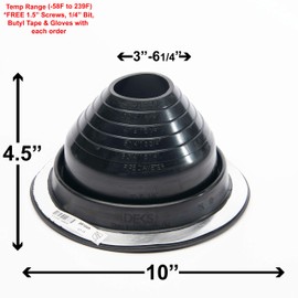 Dektite Metal Roof Pipe Flashing Boots Kit - Comes With Free Screws, Hex Bit Diver, and Pair of Nitrile Coated Gloves (#4, Black - Round Base)