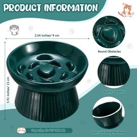 Tioncy Ceramic Slow Feeder Raised Cat Bowl Elevated Cat Bowls Anti Vomit Dry Wet Food and Water Bowl Easy to Clean Pet Bowls High Edge for Cats Small Dogs, Kitten Home, Dishwasher Safe (Dark Green)