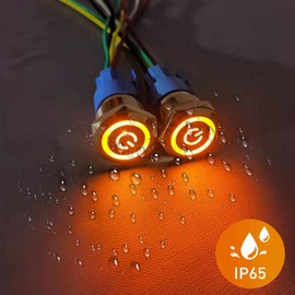 Gebildet 0.63''/16mm Stainless Steel Latching Push Button Switch 12V-24V/5A Power Symbol LED 1NO1NC SPDT ON Off Waterproof Toggle Switch with Wire Socket Plug (Yellow LED)