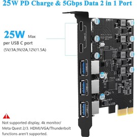USB PCIe Card 5 Ports Power Delivery USB 3.0 5Gbps PCI Express Expansion Card (3 Type A and 2 Type-C Ports) Fast Charging for Desktop PC