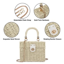Youjaree Handwoven Rattan Bag for Women Wicker Crossbody Shoulder Bag Straw Beach Tote Bag Top Handle Satchel Handbag with Chain Strap(Beige)
