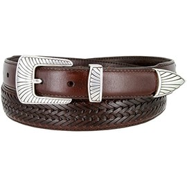 BL032 Clamshell Buckle Tapered Basketweave Genuine Leather Belt - Brown, 38