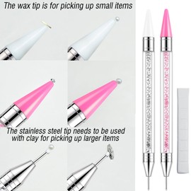 LIGHT RAIN Rhinestone Picker Tool - 2 Pcs Dual-head Pen with 4 Wax Tip, and Precision Jewelry Tweezers Kit for Pick Up Nail Art Gems, Stone, Crystals, White and Pink