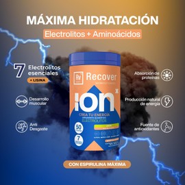 ION X Electrolitos En Polvo + Aminoácidos 50 Porciones Post Workout Con 7 Electrolitos Esenciales + L-lisina + Espirulina Endulzado Con Miel De Abeja Sin Cafeína Sabor Limón Hidratación y Recuperación Muscular Recover 500g
