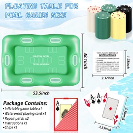 Large Floating Table for Pool Game with Waterproof Playing Cards, 53.5 x 38 in Floating Card Table for Pool with Food Drink Holders, Inflatable Floating Pool Game Table for Adults Family Party