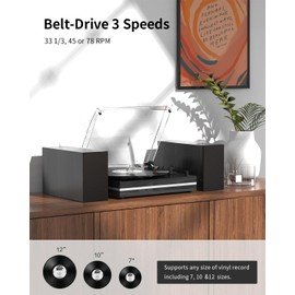 Vinyl Record Player with External Speakers Belt-Drive Turntable for Vinyl Records Dual Stereo Speakers Vintage LP Players Support 3 Speed Wireless Playback AUX Headphone Input Auto Stop Wood Black