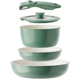 Redchef Ceramic Cookware Set, Removable Handle Pots and Pans Non-Stick, Rv Cookware Set, Non-Toxic Pots and Pans Set No PFAS, PTFE, PFOA, Detachable Pots and Pans, Dishwasher & Oven Safe (Green)