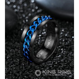 King Ring 8mm Spinner Ring – Fine Polished Flat Fidget Ring for Men & Women with Cuban Chain, Stainless Steel Ring – Black Blue 11