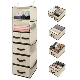 GRANNY SAYS Hanging Closet Organizers and Storage 6 Shelves, Closet Hanging Organizer with 5 Drawers, 6 Side Pockets Hanging Storage Organizer, Portable Clothes Organizer for Closet, Beige