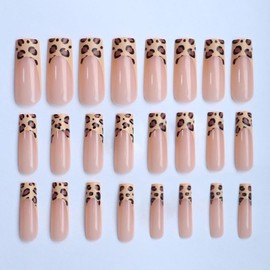 IMRAIN Leopard Print Press on Nails Long Square Fake Nails Brown French Tips False Nails with Designs Glossy Full Cover Acrylic Artificial Squoval Fall Glue Stick on Nails for Women 24Pcs
