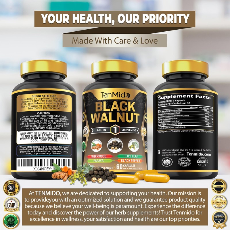 Black Walnut Supplement - 6in1 Blend with Wormwood, Turmeric, Papaya,