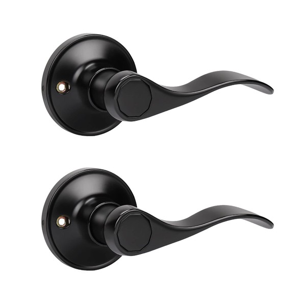 KNOBWELL 2 Pack Single Sided Dummy Door Levers Door Knobs Drop Style Dummy Knobs Door Handle Set, Matte Black Finish, Wave Style Dummy Levers for Right Handing Doors