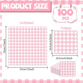 100Pcs Pink Scalloped Napkins Pink And White Checkered Decorative Napkins Party Supplies Light Pink Plaid Gingham Dessert Napkins for Girls Women Wedding Birthday Baby Shower Summer Picnic Party Favor