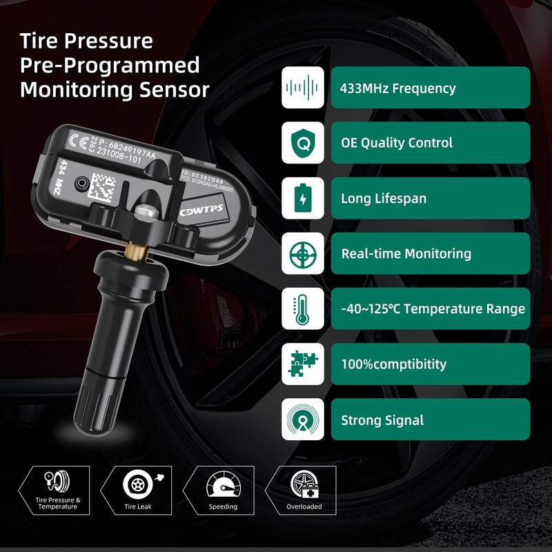 TPMS Sensor Dodge, paquete de 4 sensores de presión de