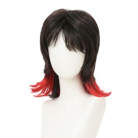 Salaibs Black Red Mullet Wig for Women Shoulder Length Layered Shaggy Wig with Bangs Synthetic Full Wigs for Cosplay Daily Party Use