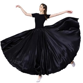 Women Satin Skirt Belly Dance Costume Festival Skirt Long Skirts Dancer Practice Wear 360 Degree, Black, One Size