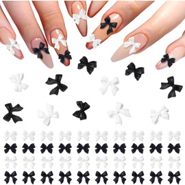 200Pcs 3D Colorful Aurora Bow Nail Art Decoration, Bow Nail Charms Nail Multi-Shape Charms Pendant Pearls Art Accessories(Black White)