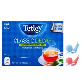 Tetley, Decaffeinated Classic Black Tea Bags, 72 Double chamber Tea Bags | Served Hot or Iced and Bundled with 2 Snail Shape Tea Bag Holder clip Drink Markers for Cup, Mug In a Soko Smiles Bag.