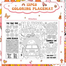 Serencatcher 12pcs Birthday Coloring Placemats, Groovy Party Favors Hippie Boho Birthday Placemats Paper Coloring Table Mats for Groovy Birthday Party Games Decorations Supplies Activity