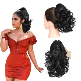 25cm Wavy Claw Clip on Ponytail Hair Extensions, Curly Clip in Ponytail Extension Jaw Clip pony tail hair pieces for women Girls Fake Pony Tail Hairpieces Natural Black
