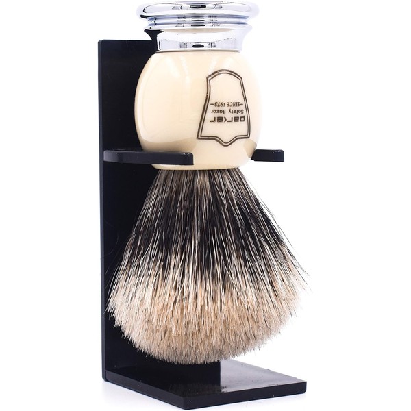Parker Premium 3 Band Pure Badger Shaving Brush with Stand Included - White