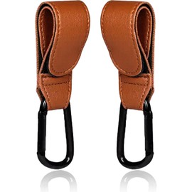 Pack of 2 Baby Universal Buggy Clips Carrier Pram Hooks, Leather Style Straps & Carabiner Clip, Hang Your Shopping Bags, Suits Every Stroller Pram Buggy, Heavy Duty Hook for Parents (Brown)