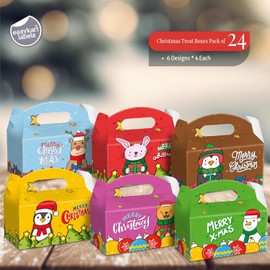 easykart labels 24 Christmas Treat Boxes, Xmas Cardboard Present Candy Cookie Boxes with Handles, Holiday Party Favor Supplies,6 Colourful Designs