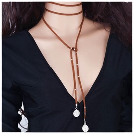 Inilbran Boho Layered Velvet Necklace Brown Suede Y Lariat Necklace Gothic Disc Coin Y Drop Necklace Long Tassel Chain Necklace Jewellery for Women and Girls